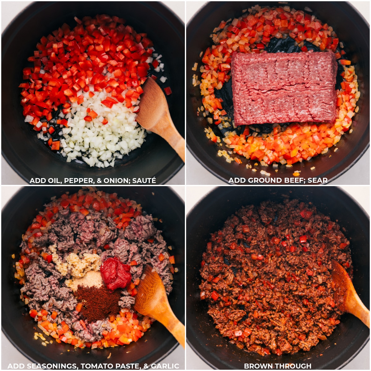 Oil, pepper, onion, ground beef, seasonings, tomato paste, and garlic being sautéed together in a pot for this taco spaghetti.