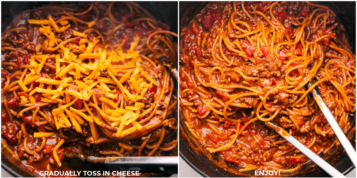 Cheese being tossed with the noodles for this taco spaghetti.