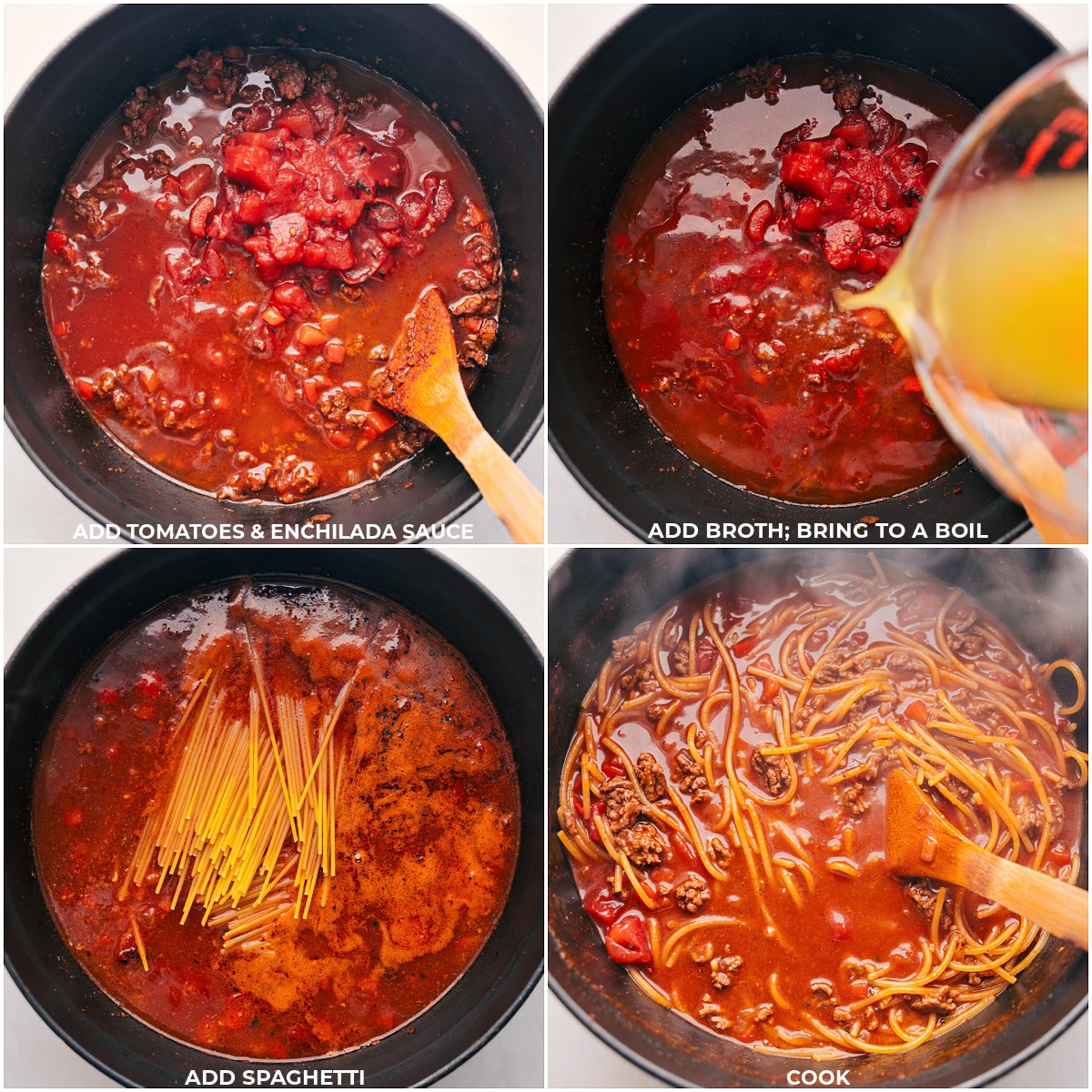 Tomatoes, enchilada sauce, broth, and the noodles being added to the pot.