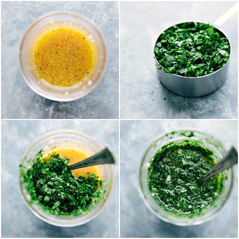 Chopped parsley being mixed with liquids for Chimichurri Sauce.