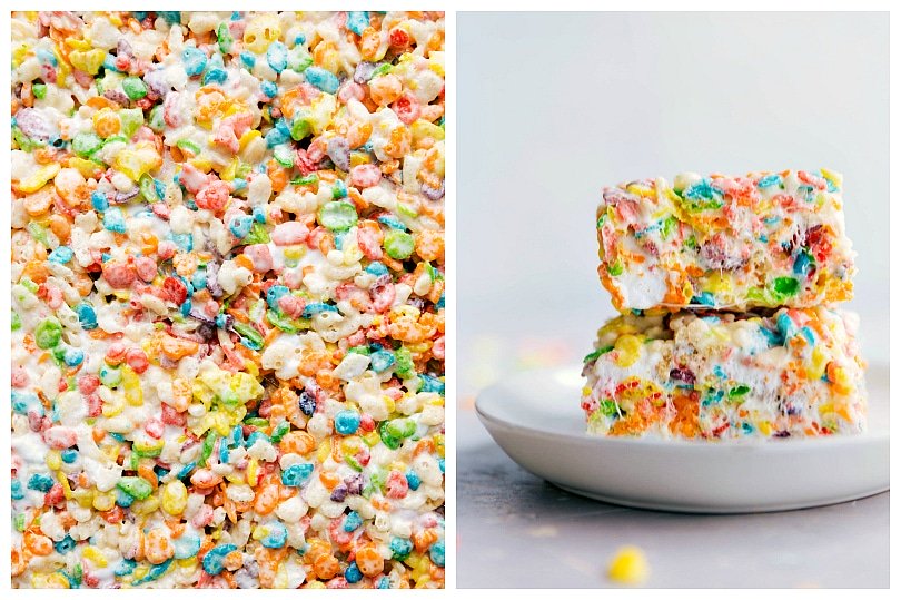 Process shots: making Fruity Pebbles Rice Krispies Treats.