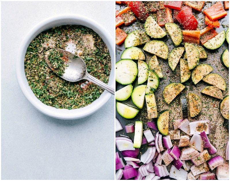 Seasoning mix being sprinkled over raw vegetables on a sheet pan.