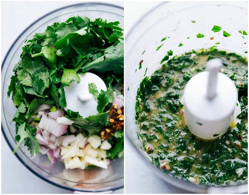 Green sauce ingredients blended together for the baked gnocchi recipe.