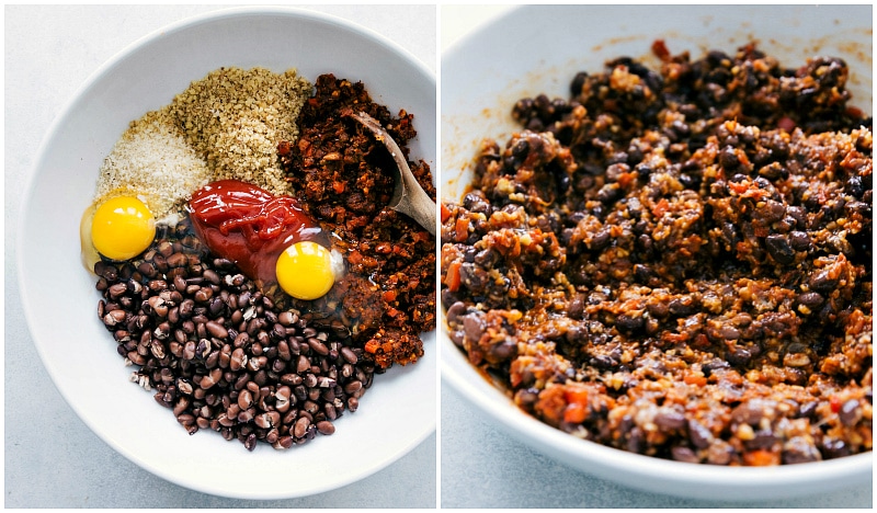 Image of all the ingredients in a bowl being mixed to make Black Bean Burgers.