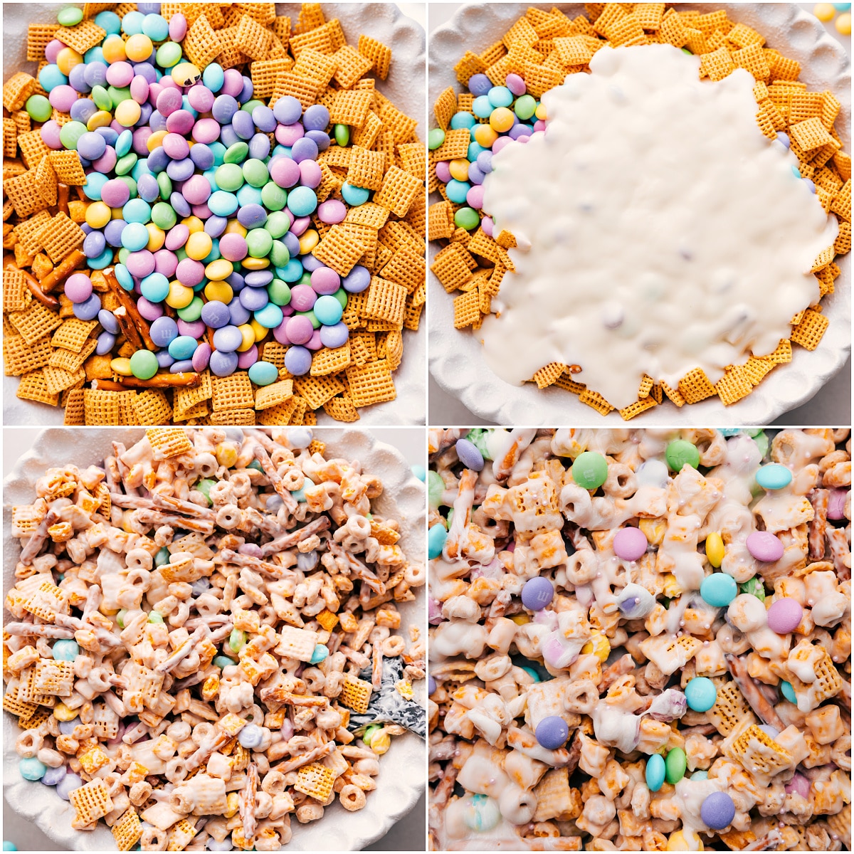 Add everything to one bowl and mix well. Pour in the white chocolate, stir to coat, then spread it all on a sheet pan to harden. That’s how this Bunny Bait comes together!