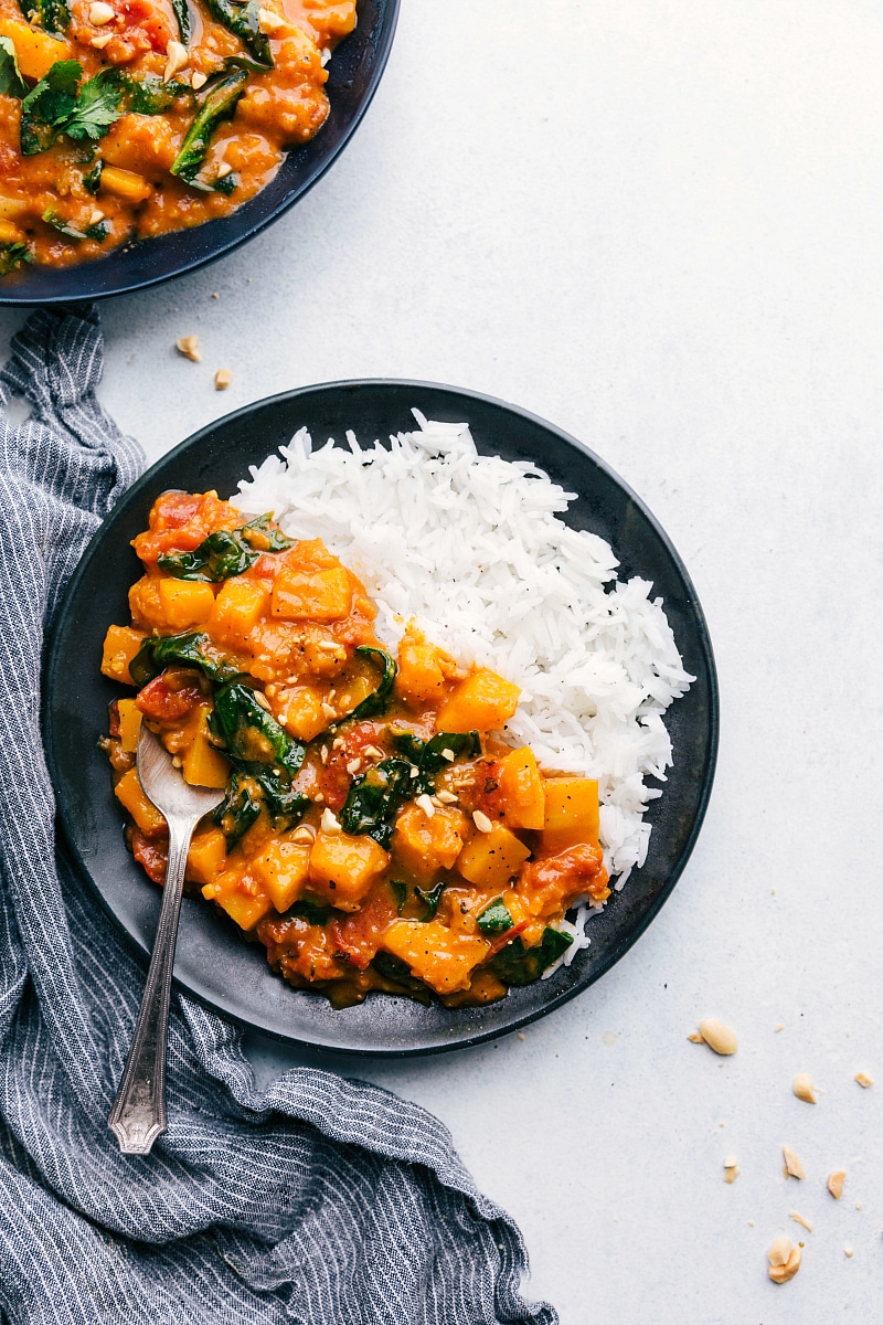 Image of the ready-to-eat Butternut Squash Curry served with rice.