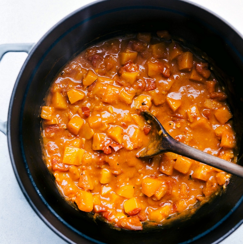 Image of all the ingredients mixed together in the pot for this easy Butternut Squash Curry.