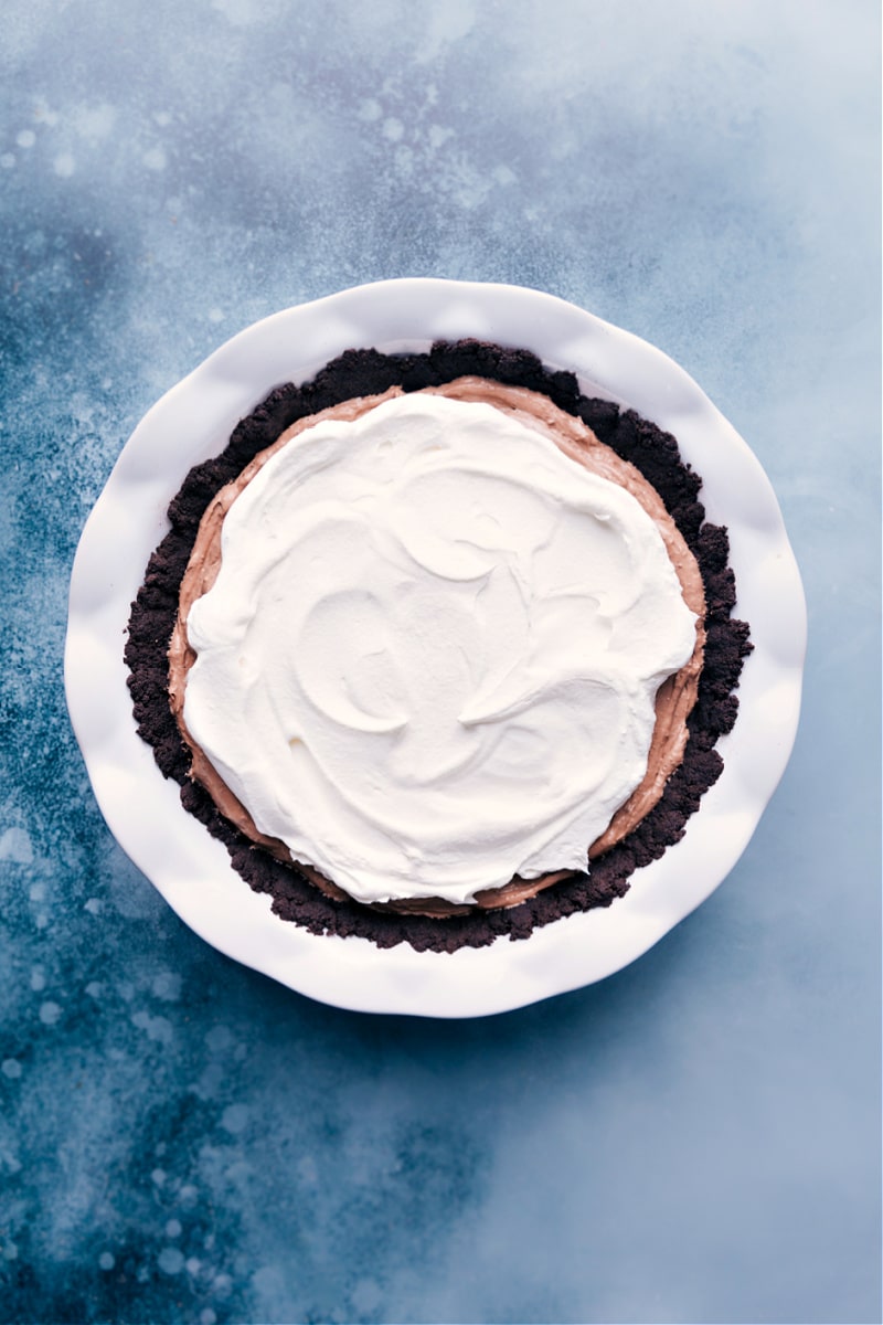 Overhead image of the Chocolate Pudding Pie, all completed and ready to chill