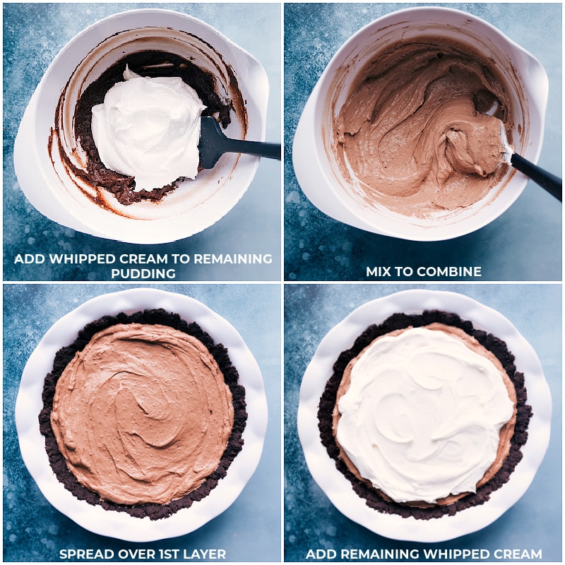 Process shots-- adding the whipped topping to the pudding; mixing to combine; spreading over the first layer; adding the remaining whipped topping to the pie