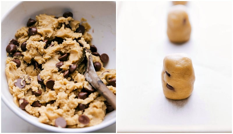 Cookie dough with chocolate chips added and dough rolled into balls for the chewy chocolate chip cookies recipe.