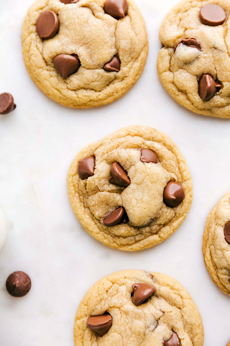 Perfectly baked chewy chocolate chip cookies, ready to be enjoyed.