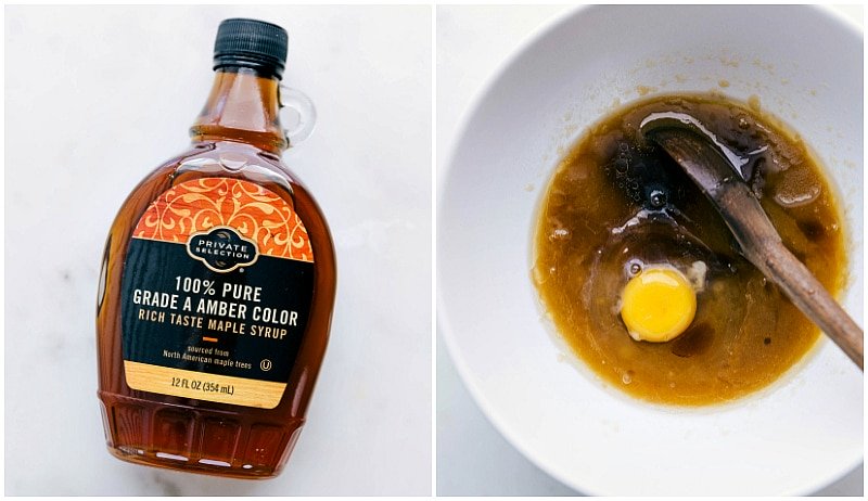 Image of the bottle of maple syrup and it being added into the bowl along with an egg for this Chewy Chocolate Chip Cookies recipe.