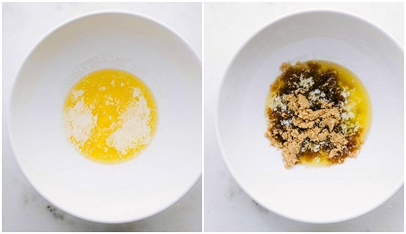 Melted butter and sugars being poured into a mixing bowl for the chewy chocolate chip cookie recipe.