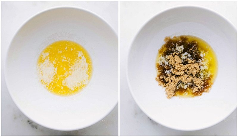 Melted butter and sugars being poured into a mixing bowl for the chewy chocolate chip cookie recipe.