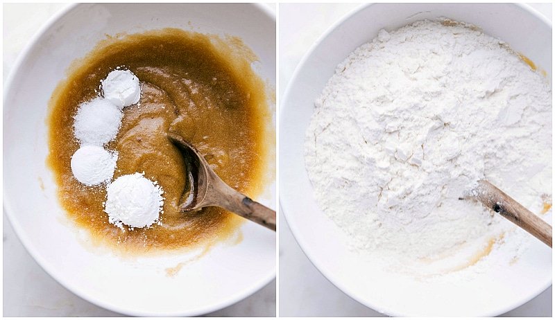 Process shot-- Image of the dry ingredients being added to the best M&M cookie recipe.