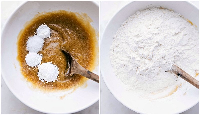 Dry ingredients being poured into the mixing bowl with wet ingredients for this M&M Cookie Recipe.