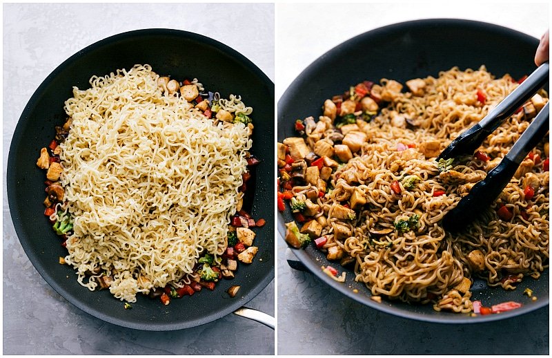 Noodles being added to skillet and being tossed with the other ingredients.