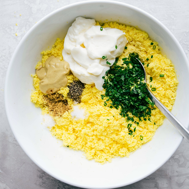 All the ingredients that go into the Deviled Egg filling.