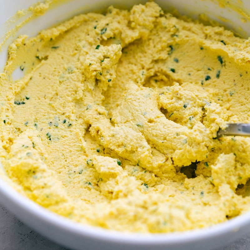 Creamy Deviled Egg filling all mixed together in a bowl.