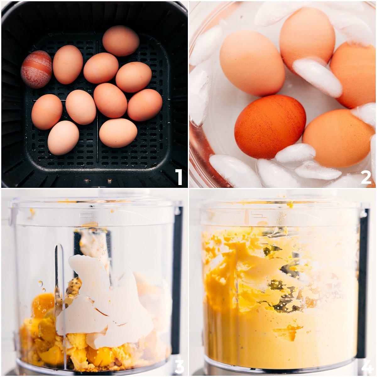 Air fry the eggs, then blend them with the other ingredients for this deviled eggs recipe.