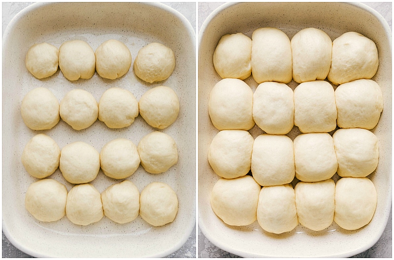 Image of all the rolls in a pan before and after the final rise time.