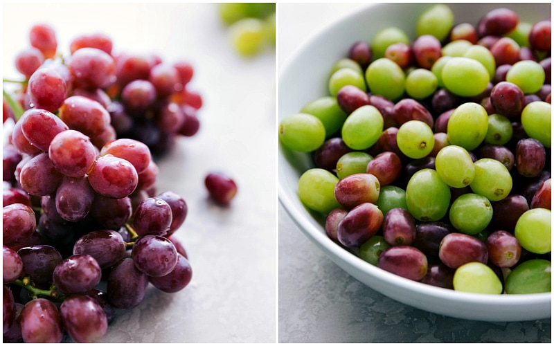 Washed red and green grapes that will go into Grape Salad.