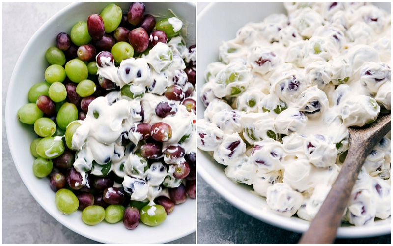 Our Favorite Grape Salad Cream cheese yogurt dressing being mixed into the dish.