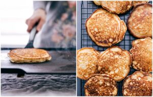 Pancakes Cooking on Griddle and Cooling on Rack.