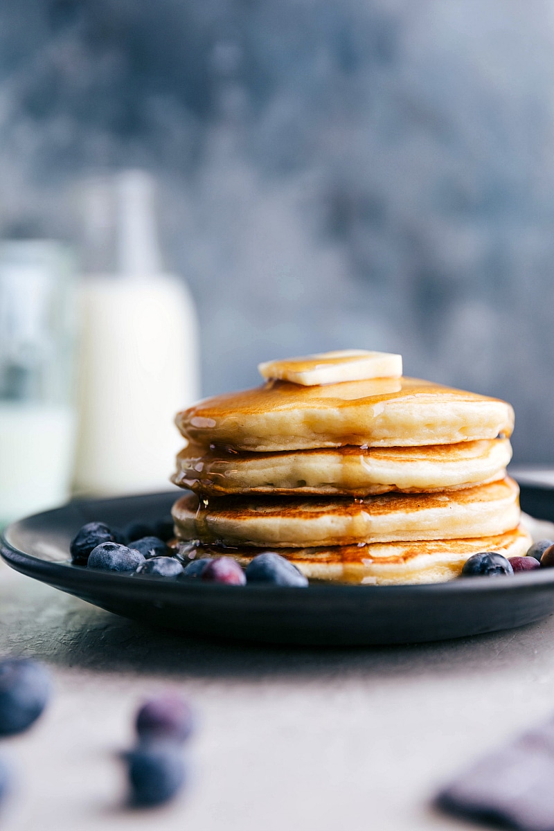 Up-close image of the stack of Greek Yogurt Pancakes.