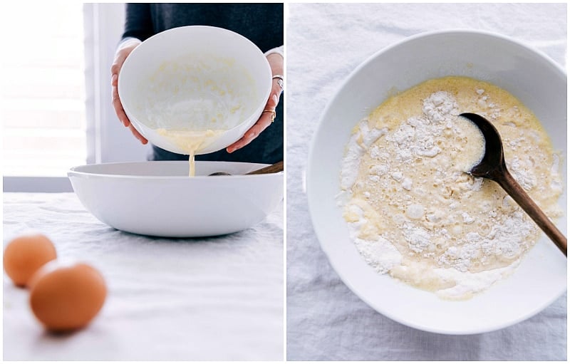 Image of the butter and wet ingredients being added to the dry 