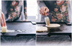 Spreading Butter on Griddle and Pouring Old-Fashioned Pancake Batter onto It.