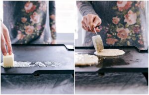 Spreading Butter on Griddle and Pouring Old-Fashioned Pancake Batter onto It.