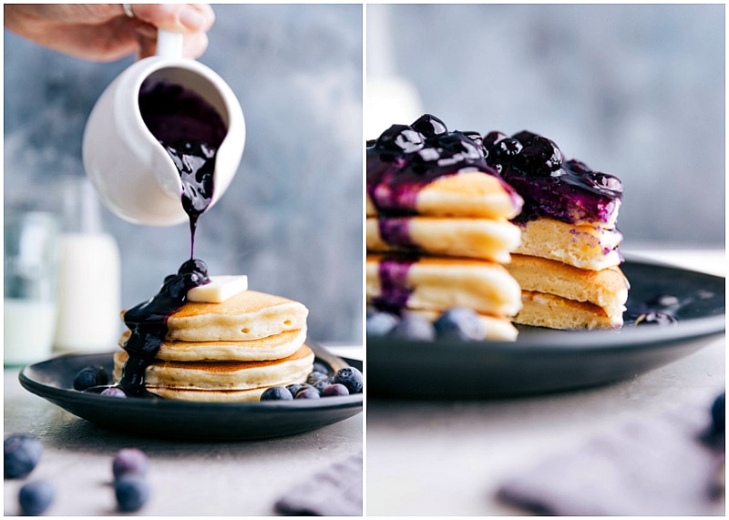 Image of blueberry syrup being poured over the pancakes.