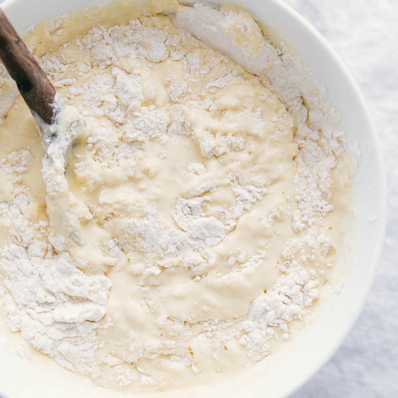 Image of the wet and the dry ingredients being mixed together.
