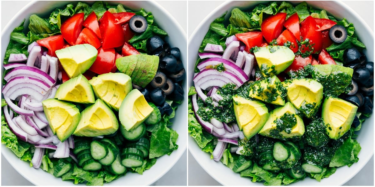 All the ingredients being combined in a bowl and the dressing being poured over everything.