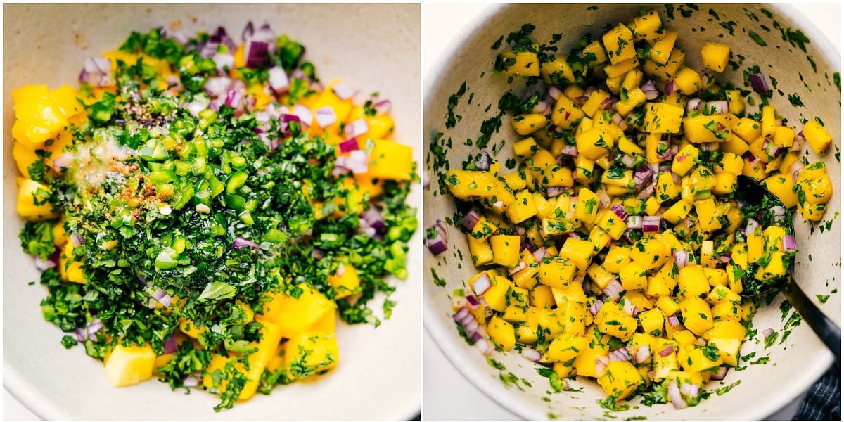 The mango salsa being mixed in a bowl to top the mango chicken.