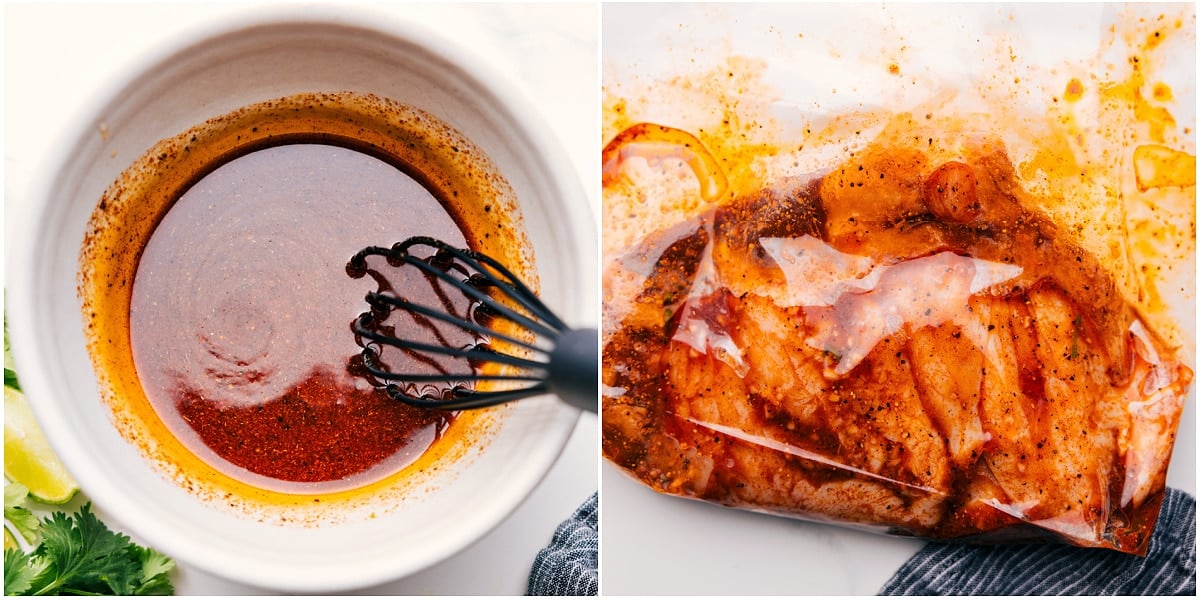 The marinade whisked together in a bowl, then added to the chicken in a bag to marinate.