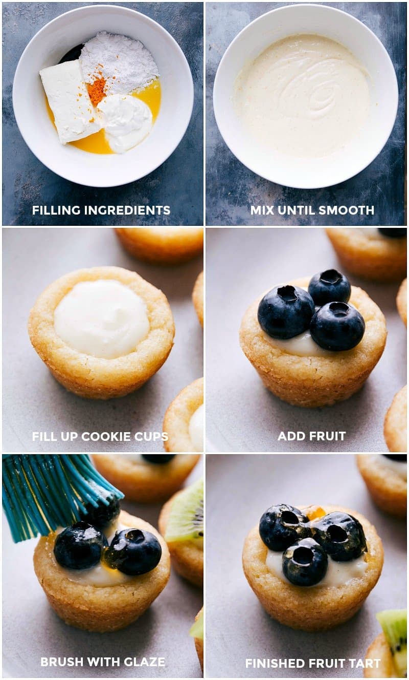 Creating the mini fruit tarts recipe: mix ingredients, add filling to cups, top with fresh fruit, and glaze.