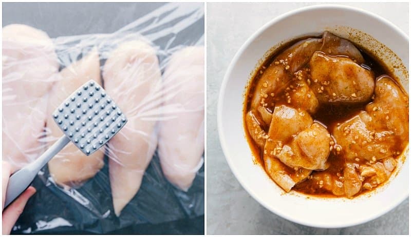 Chicken being prepped -- pounded to even thickness and added to the chicken marinade.