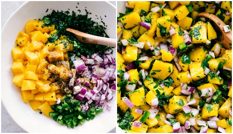 Process shots of making the topping for Mango Chicken.