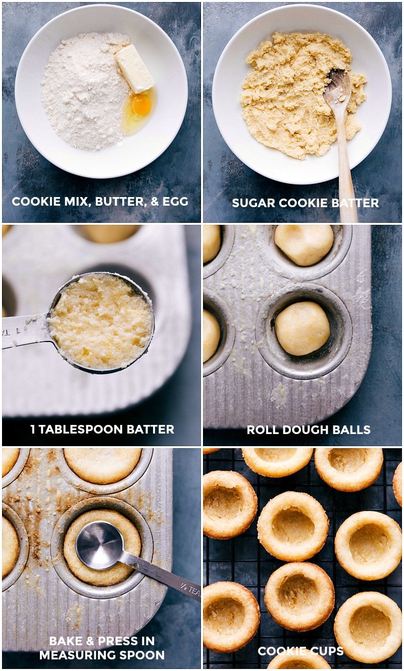 Dough base being prepared and pressed into a mini cupcake pan, ready for baking.