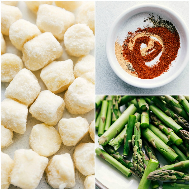 Process shot of frozen cauliflower gnocchi, cut up asparagus, and an easy seasoning mix.