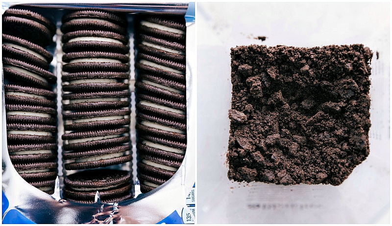 Process shots --A sleeve of Oreos; the Oreos being crushed in the blender