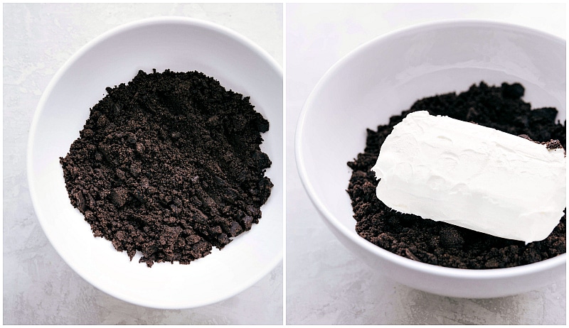 Crushed cookies with cream cheese being added, ready to be mixed together.
