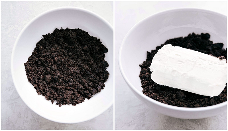 Crushed up Oreos with cream cheese being added.