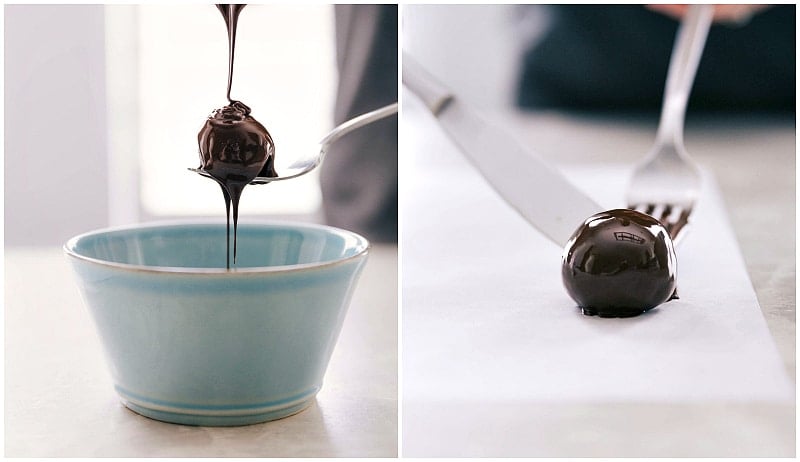 Oreo balls being dipped in melted chocolate to complete the Oreo balls recipe, creating a smooth and delicious coating.