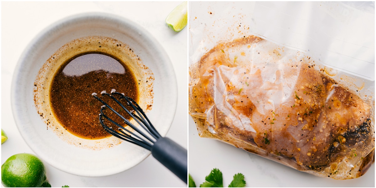 Whisk the pineapple chicken marinade in a bowl, then pour it into a bag with the chicken to marinate.