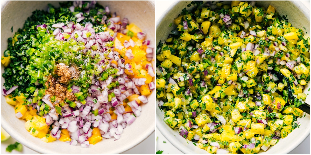 Mix finely diced pineapple, jalapeño, cilantro, red onions, lime juice, and seasonings together in a bowl to make the pineapple salsa.