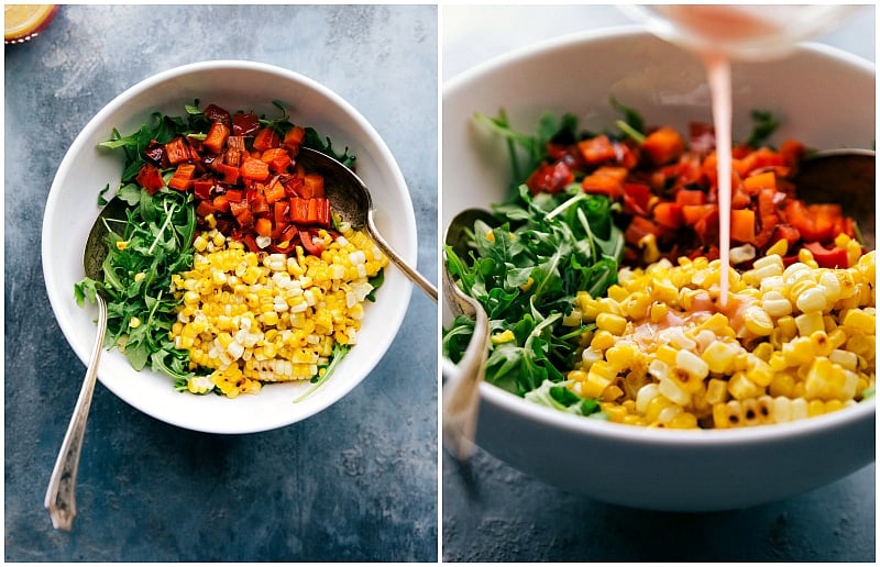 A plate of vibrant arugula salad with colorful ingredients, served alongside the peruvian chicken recipe for a healthy and delicious meal.