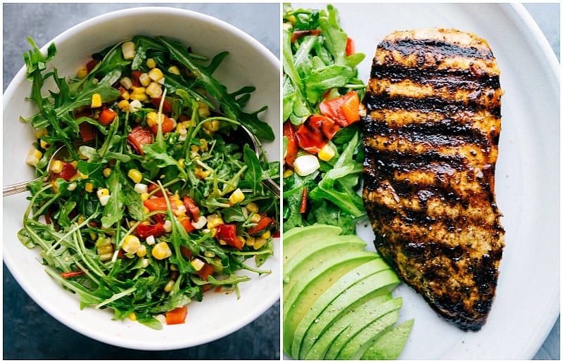 A plate with a serving of the grilled meat, a vibrant arugula salad, and a drizzle of green sauce, creating a delicious and healthy meal.